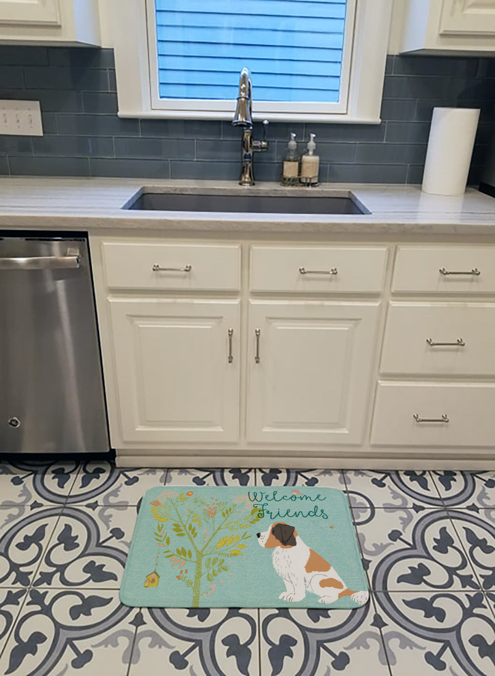 Welcome Friends Saint Bernard Memory Foam Kitchen Mat Machine Washable Anti-Fatigue Cushion Comfort Bath or Kitchen Rug