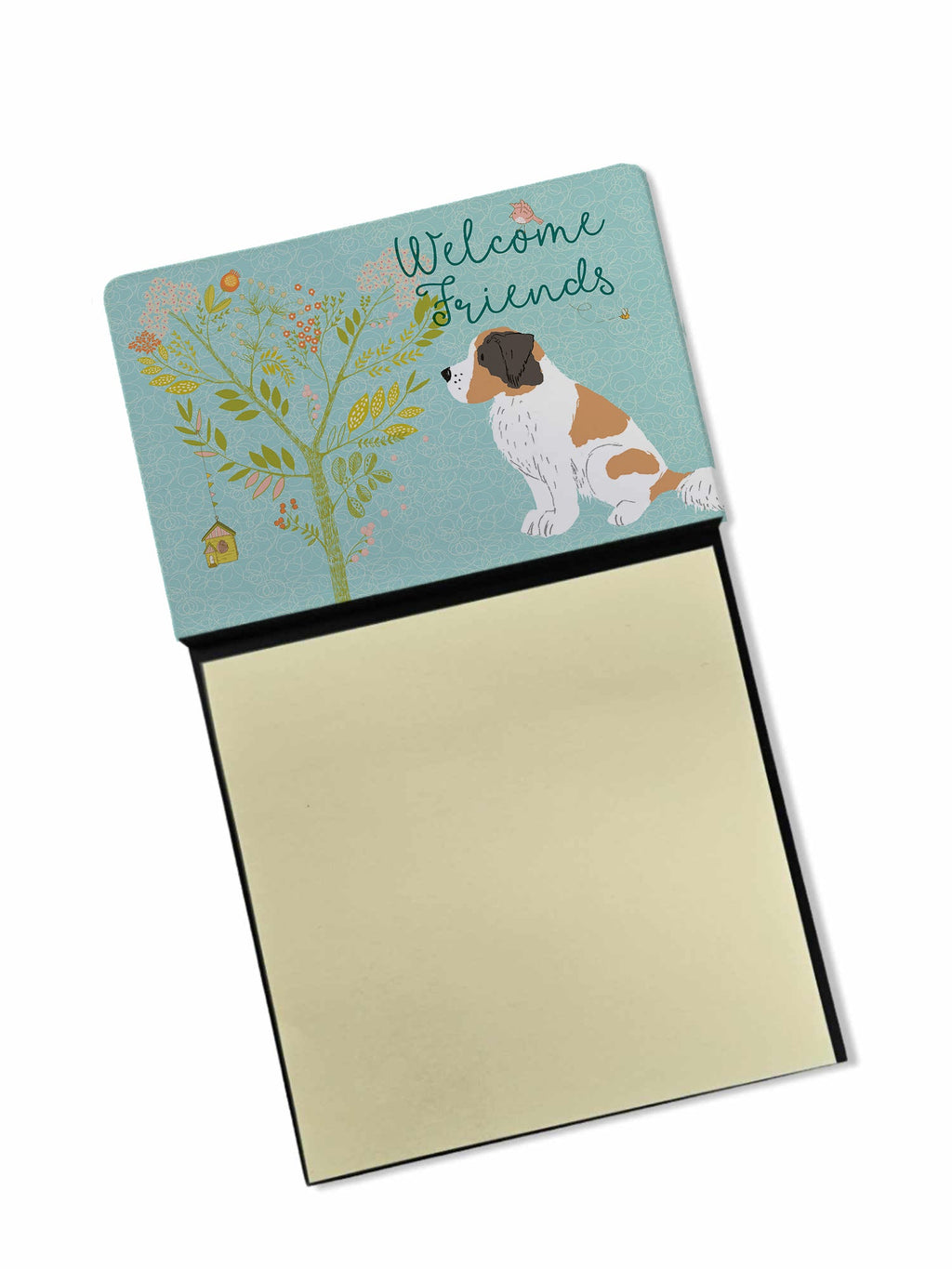 Welcome Friends Saint Bernard Watercolor Sticky Note Holder Refillable Dispenser Desk Accessory 3x3 Pad Gift