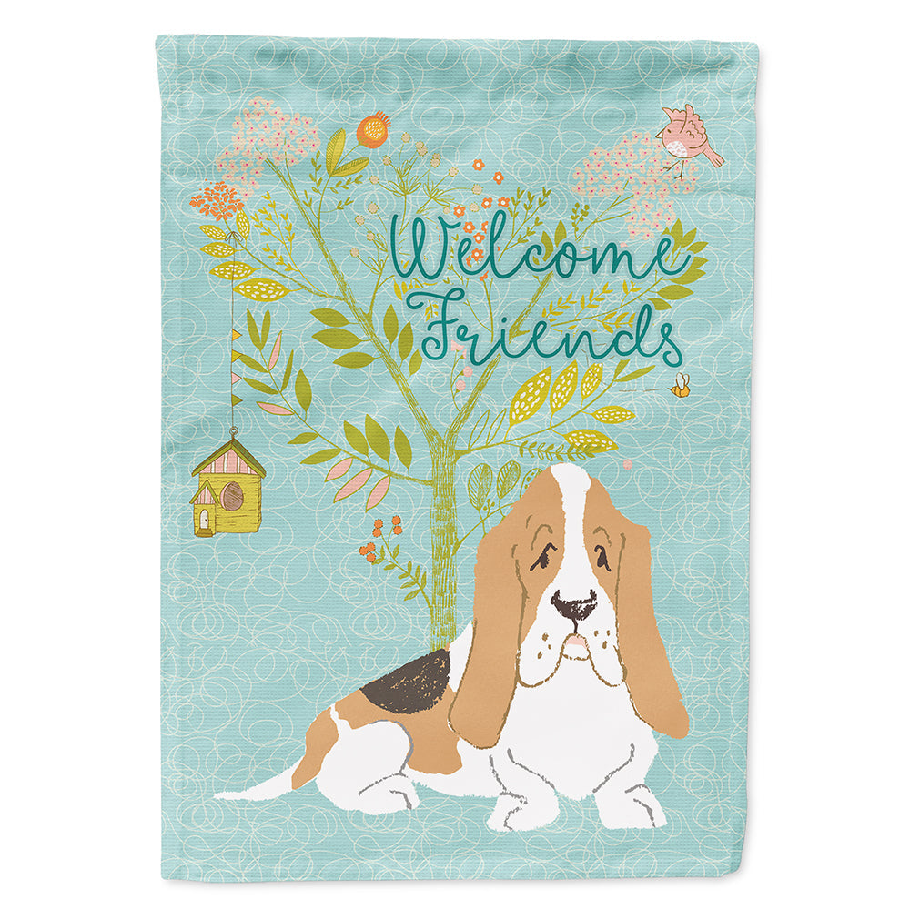 Welcome Friends Basset Hound House Flag 28x40 Porch Sleeve Pole Decorative Outside Yard Banner Artwork Wall Hanging, Polyester