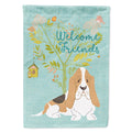 Welcome Friends Basset Hound House Flag 28x40 Porch Sleeve Pole Decorative Outside Yard Banner Artwork Wall Hanging, Polyester