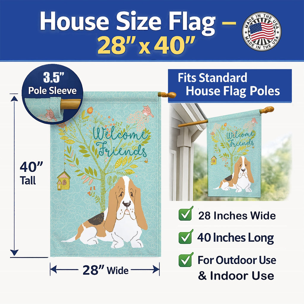 Welcome Friends Basset Hound House Flag 28x40 Porch Sleeve Pole Decorative Outside Yard Banner Artwork Wall Hanging, Polyester