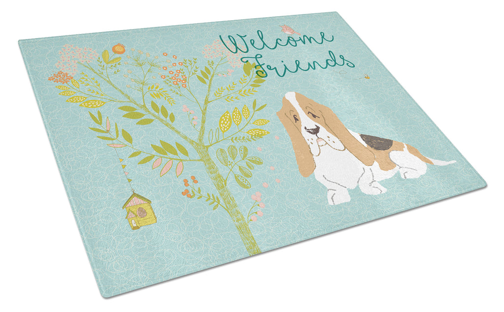 Welcome Friends Basset Hound Cutting Board Tempered Glass Kitchen Cutting Surface, Heat Resistant Chopping, Non-Slip Feet, Food Prep & Serving