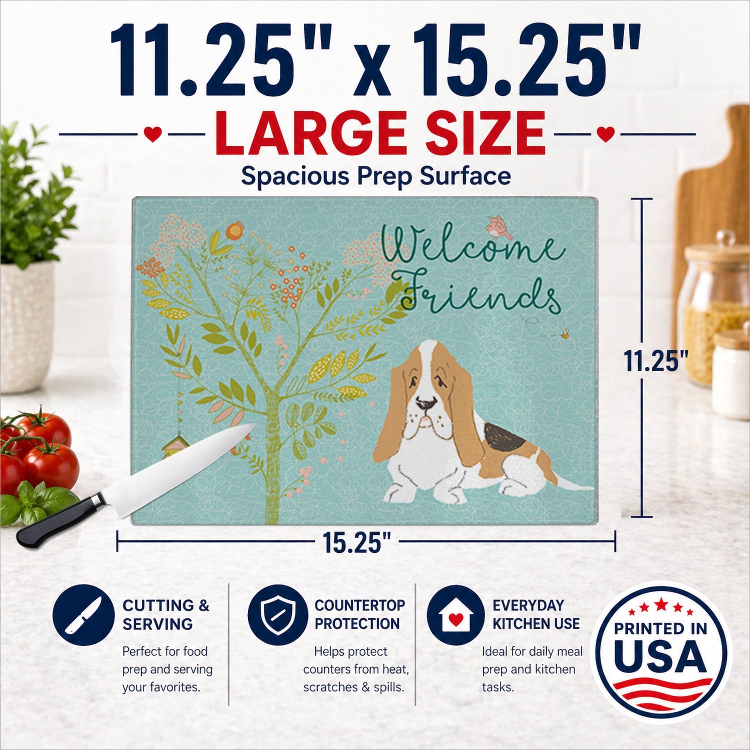 Welcome Friends Basset Hound Cutting Board Tempered Glass Kitchen Cutting Surface, Heat Resistant Chopping, Non-Slip Feet, Food Prep & Serving