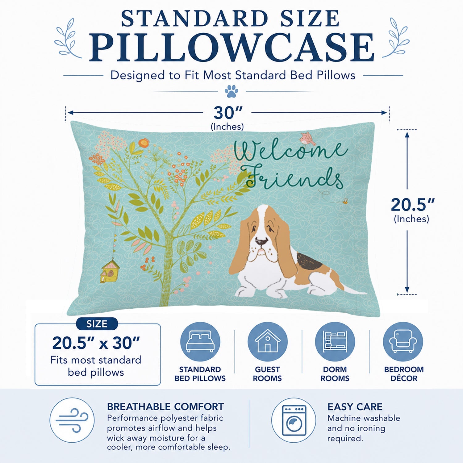 Welcome Friends Basset Hound Standard Pillowcase Lightweight Super Soft Easy Care Decorative Artwork Pillowcase, Standard