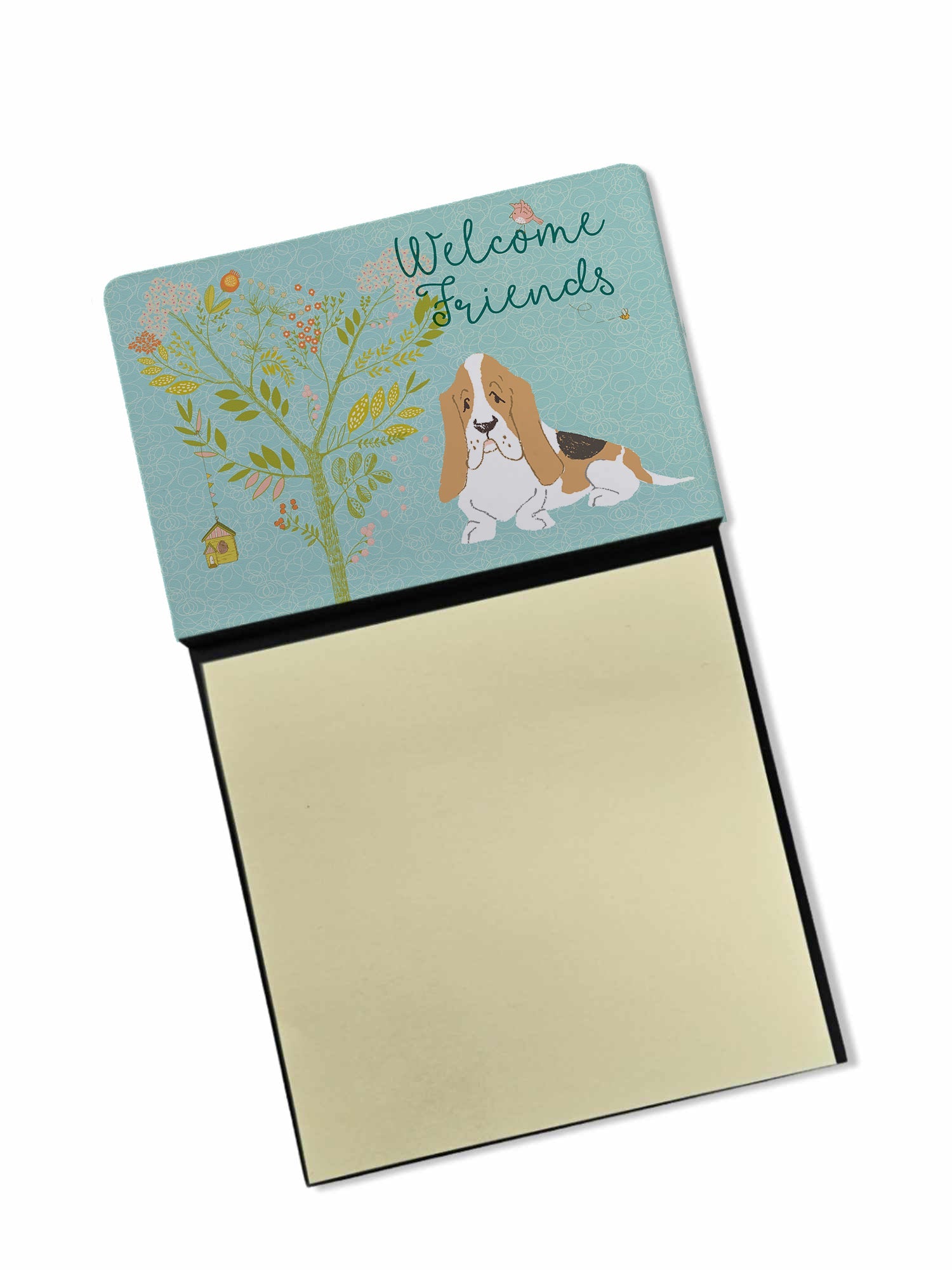 Welcome Friends Basset Hound Watercolor Sticky Note Holder Refillable Dispenser Desk Accessory 3x3 Pad Gift