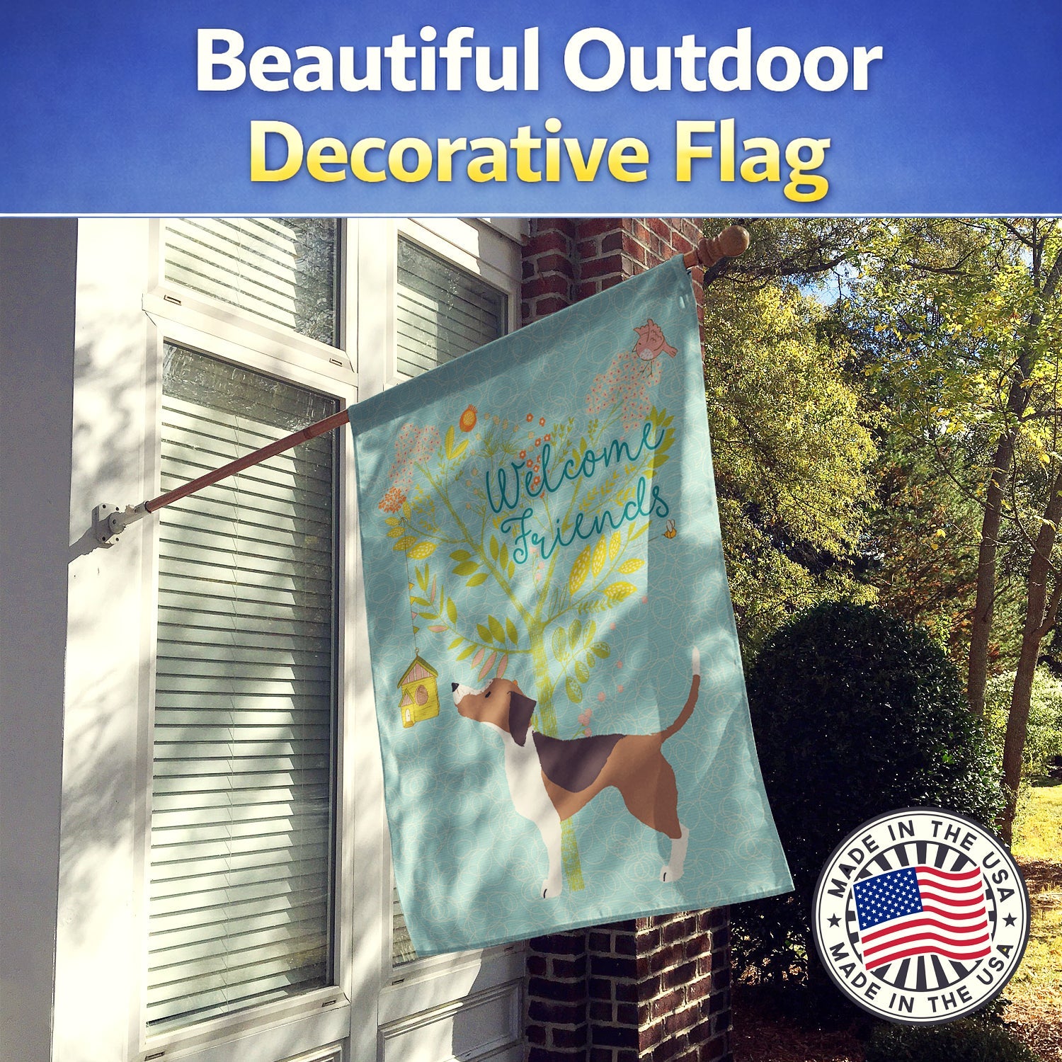 Welcome Friends Beagle House Flag 28x40 Porch Sleeve Pole Decorative Outside Yard Banner Artwork Wall Hanging, Polyester