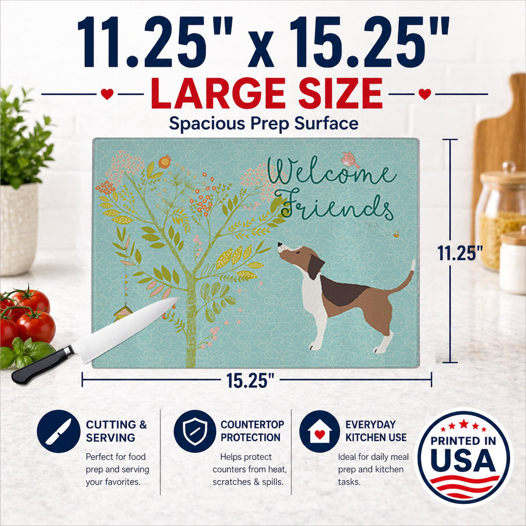 Welcome Friends Beagle Cutting Board Tempered Glass Kitchen Cutting Surface, Heat Resistant Chopping, Non-Slip Feet, Food Prep & Serving