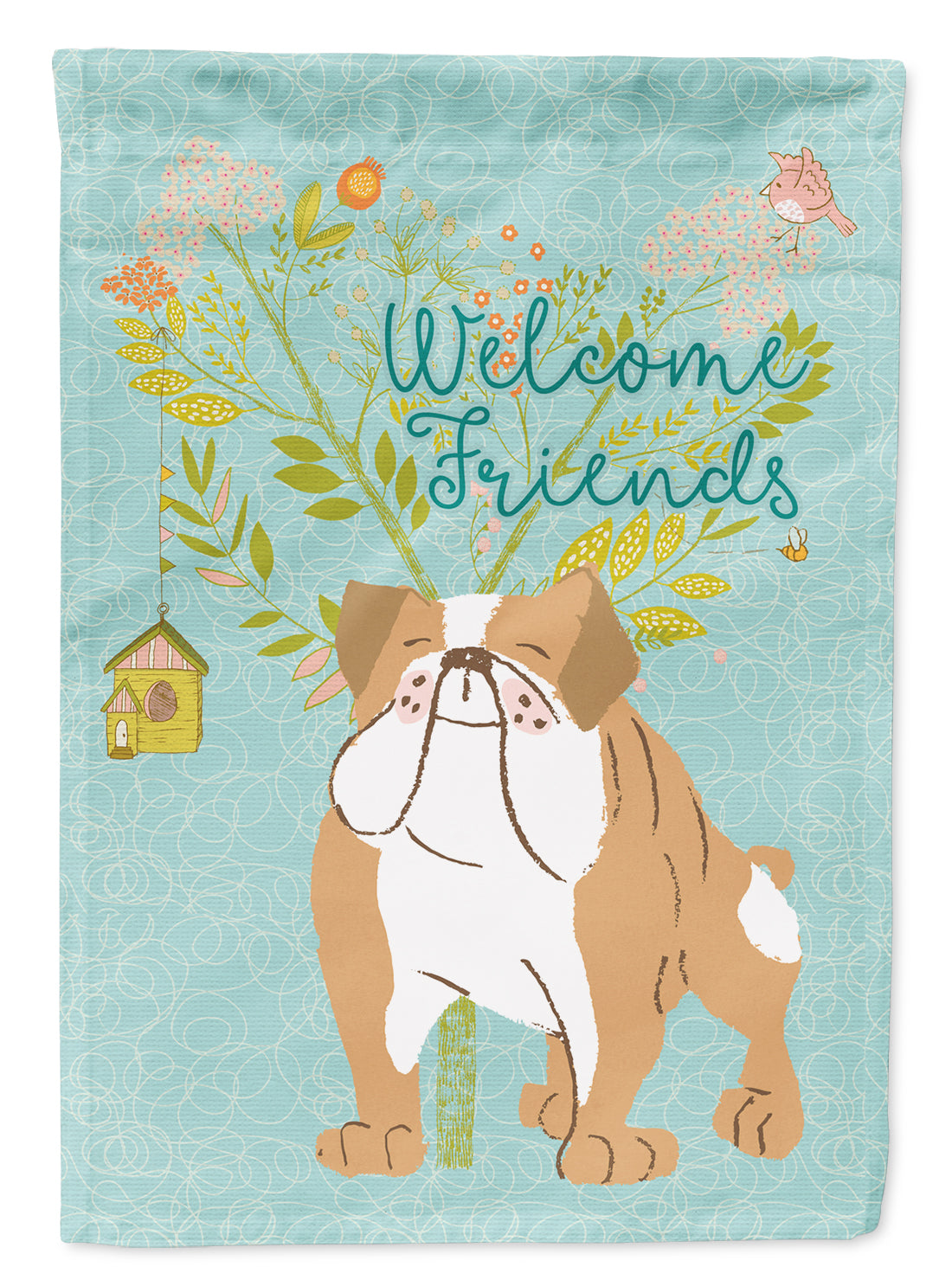 Welcome Friends English Bulldog House Flag 28x40 Porch Sleeve Pole Decorative Outside Yard Banner Artwork Wall Hanging, Polyester