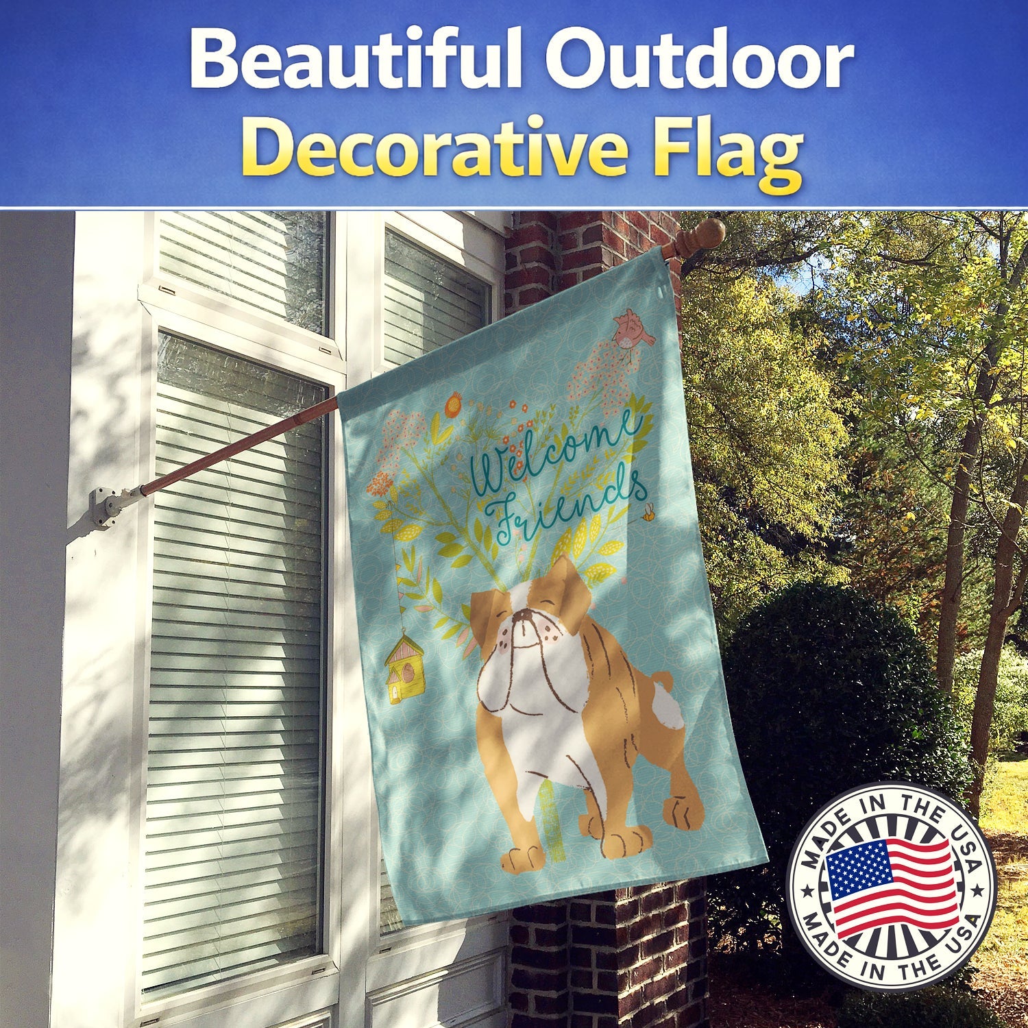Welcome Friends English Bulldog House Flag 28x40 Porch Sleeve Pole Decorative Outside Yard Banner Artwork Wall Hanging, Polyester