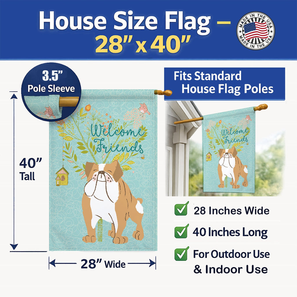 Welcome Friends English Bulldog House Flag 28x40 Porch Sleeve Pole Decorative Outside Yard Banner Artwork Wall Hanging, Polyester