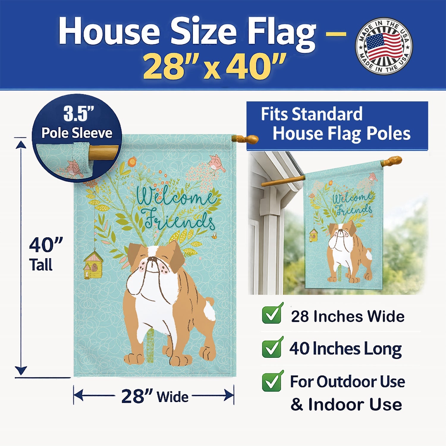 Welcome Friends English Bulldog House Flag 28x40 Porch Sleeve Pole Decorative Outside Yard Banner Artwork Wall Hanging, Polyester