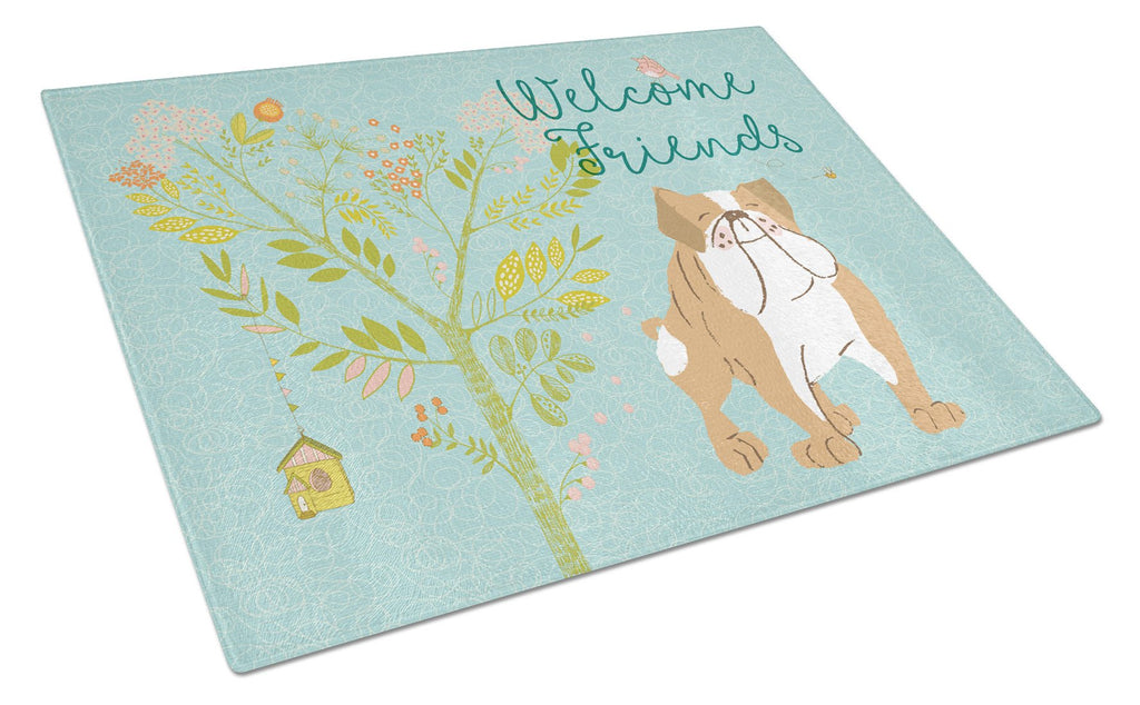 Welcome Friends English Bulldog Cutting Board Tempered Glass Kitchen Cutting Surface, Heat Resistant Chopping, Non-Slip Feet, Food Prep & Serving