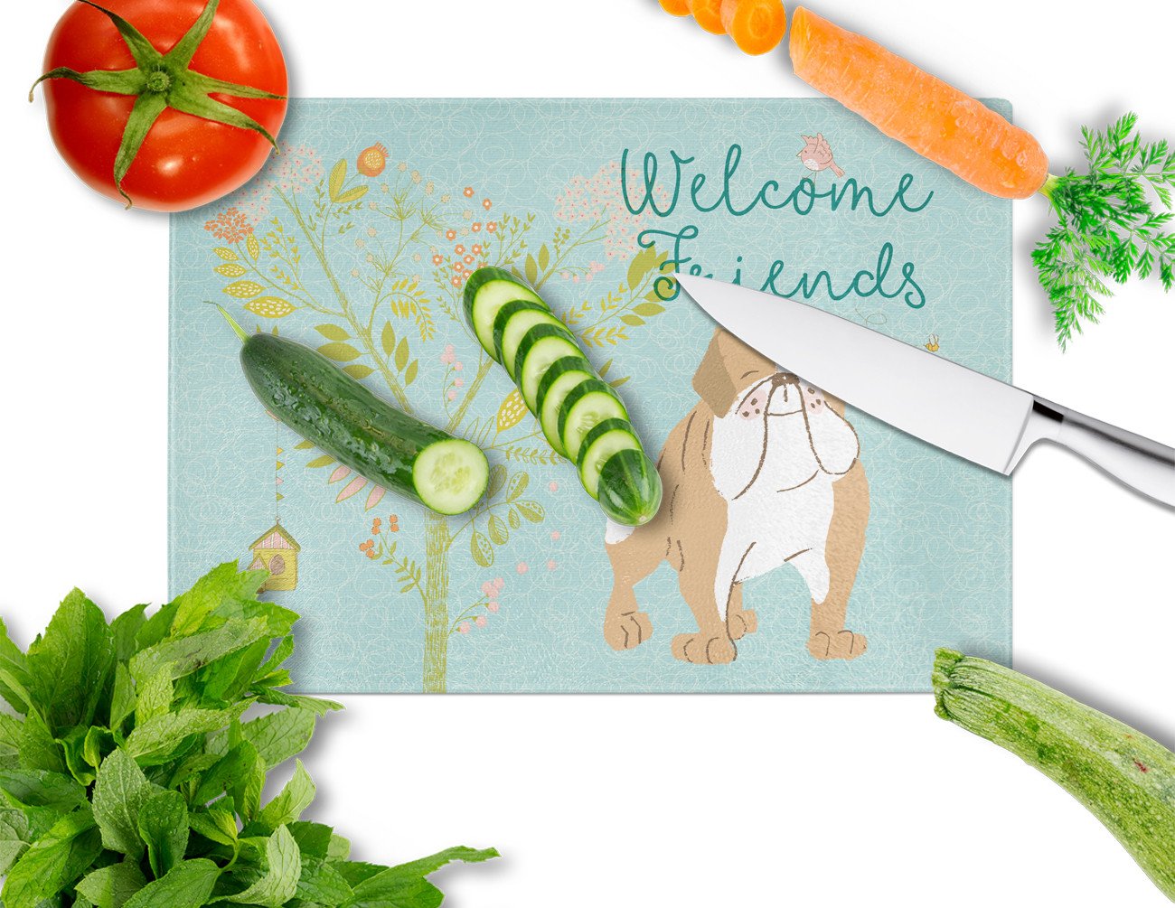 Welcome Friends English Bulldog Cutting Board Tempered Glass Kitchen Cutting Surface, Heat Resistant Chopping, Non-Slip Feet, Food Prep & Serving