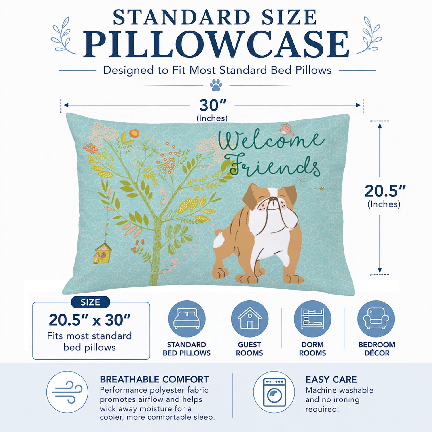 Welcome Friends English Bulldog Standard Pillowcase Lightweight Super Soft Easy Care Decorative Artwork Pillowcase, Standard