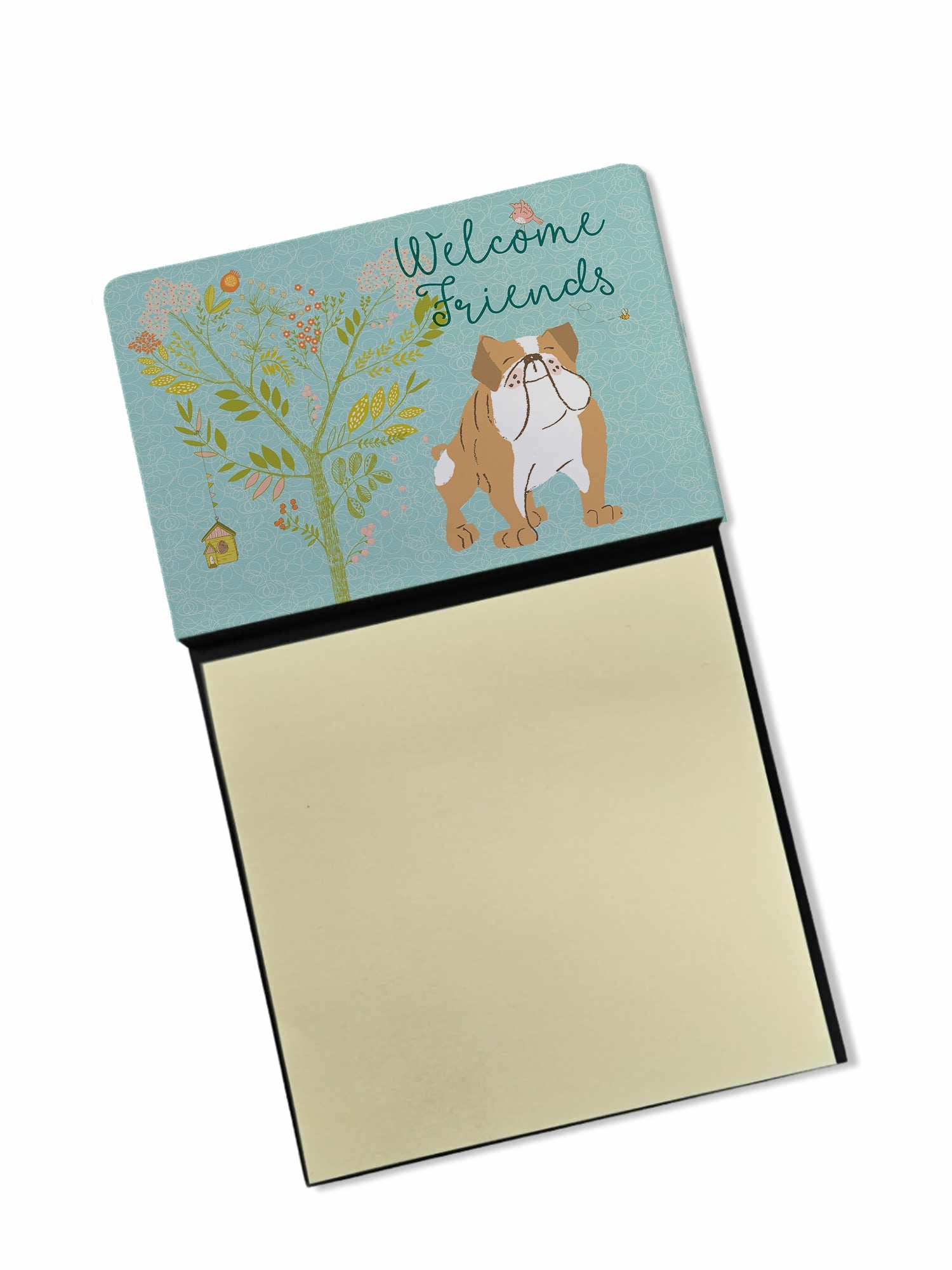 Welcome Friends English Bulldog Watercolor Sticky Note Holder Refillable Dispenser Desk Accessory 3x3 Pad Gift