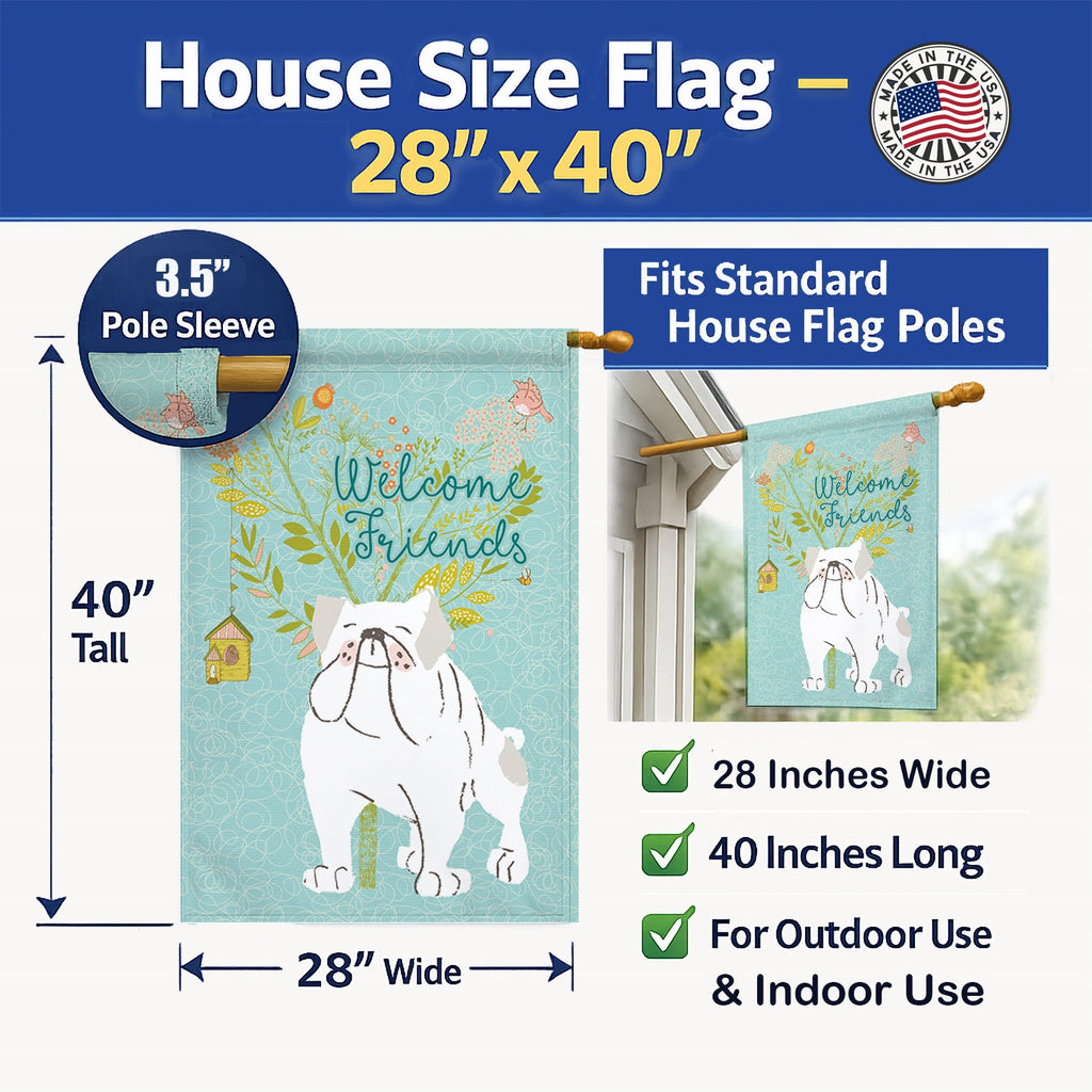 Welcome Friends English Bulldog White House Flag 28x40 Porch Sleeve Pole Decorative Outside Yard Banner Artwork Wall Hanging, Polyester