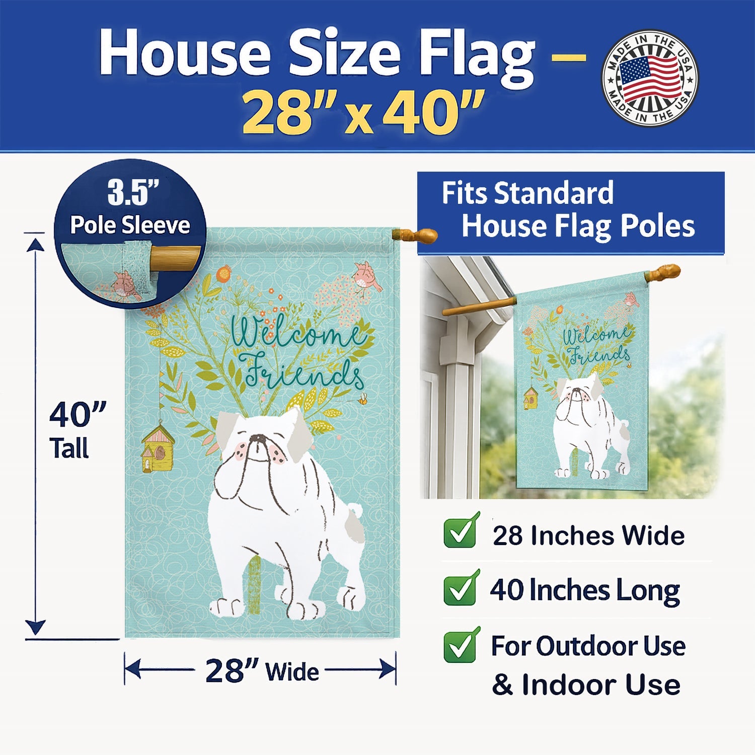 Welcome Friends English Bulldog White House Flag 28x40 Porch Sleeve Pole Decorative Outside Yard Banner Artwork Wall Hanging, Polyester