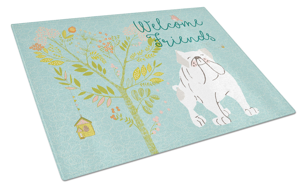 Welcome Friends English Bulldog White Cutting Board Tempered Glass Kitchen Cutting Surface, Heat Resistant Chopping, Non-Slip Feet, Food Prep & Serving