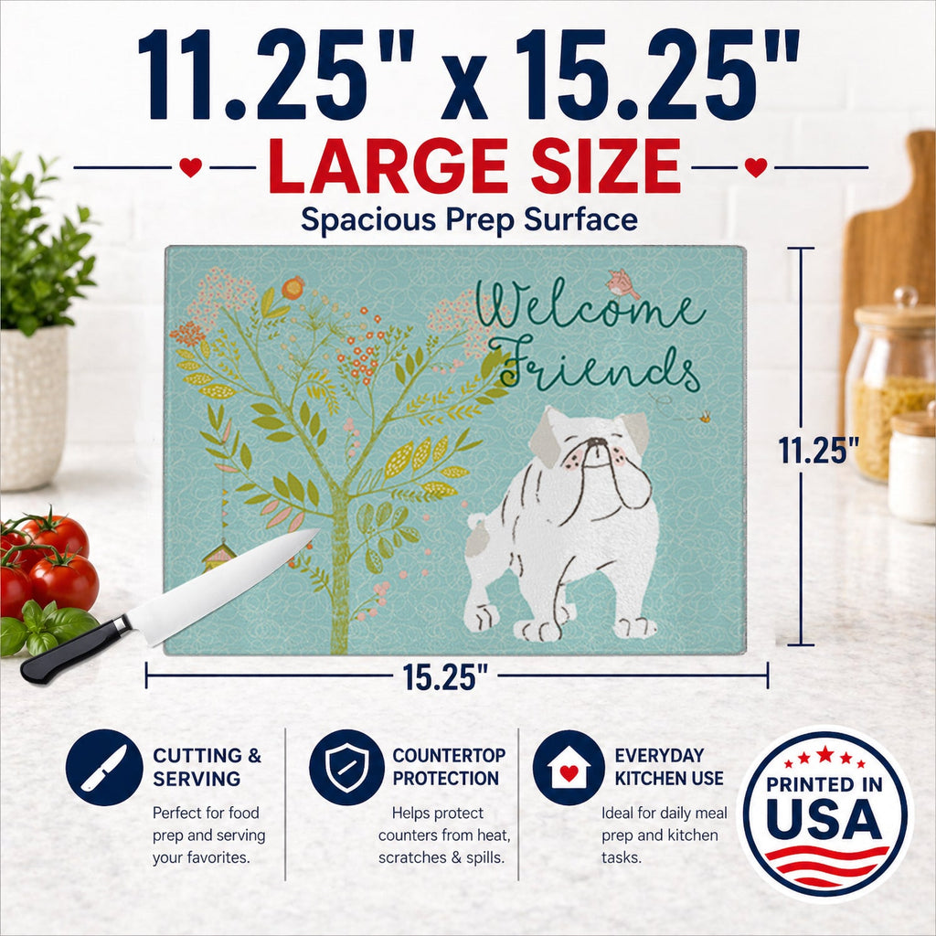 Welcome Friends English Bulldog White Cutting Board Tempered Glass Kitchen Cutting Surface, Heat Resistant Chopping, Non-Slip Feet, Food Prep & Serving