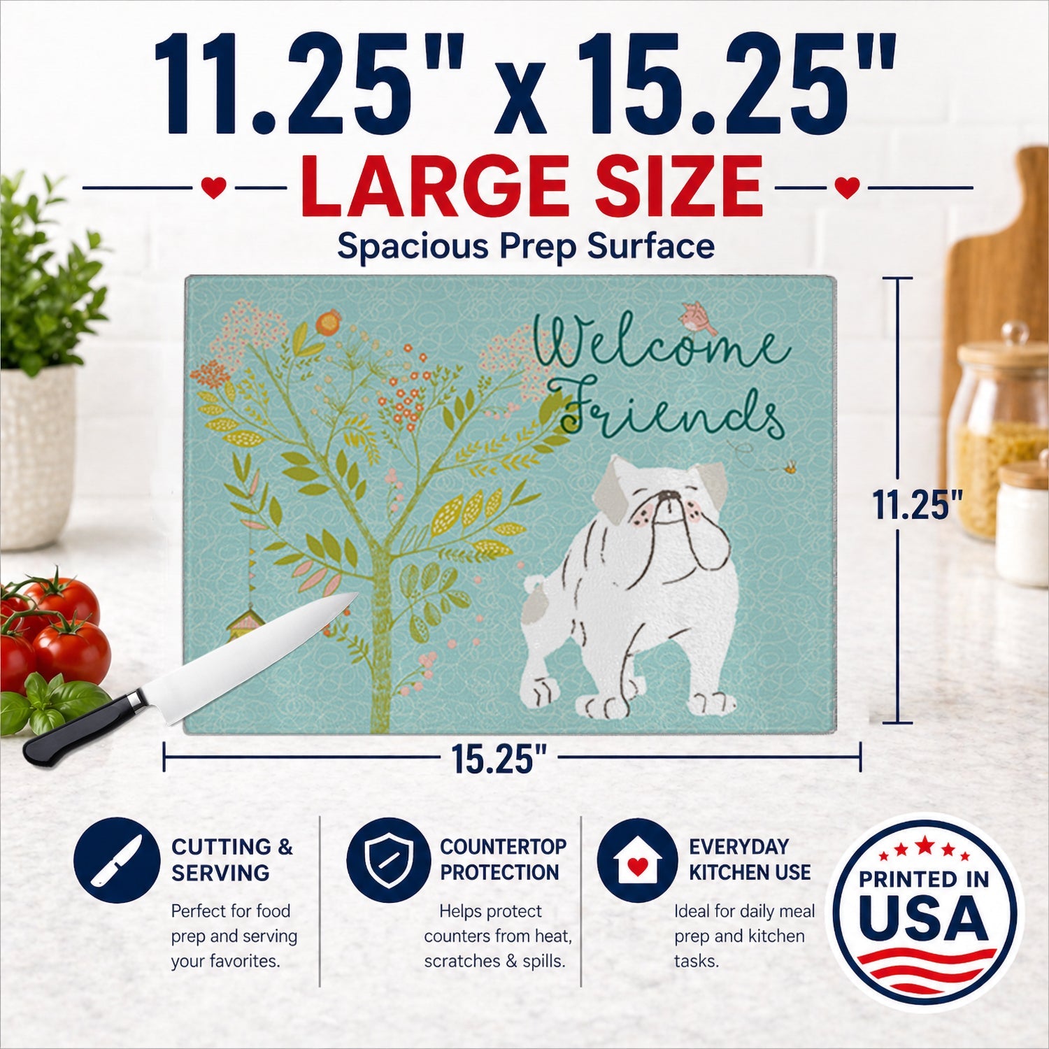 Welcome Friends English Bulldog White Cutting Board Tempered Glass Kitchen Cutting Surface, Heat Resistant Chopping, Non-Slip Feet, Food Prep & Serving