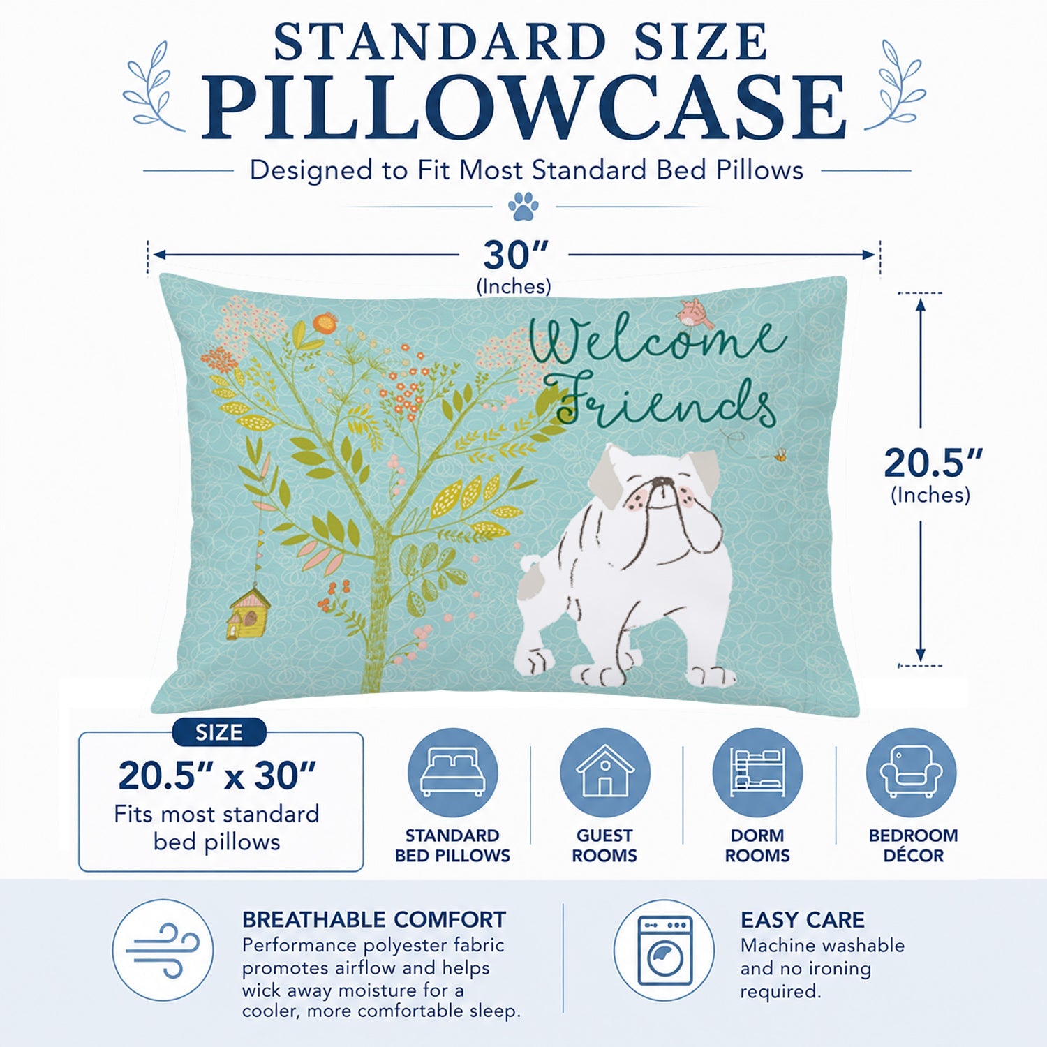 Welcome Friends English Bulldog White Standard Pillowcase Lightweight Super Soft Easy Care Decorative Artwork Pillowcase, Standard