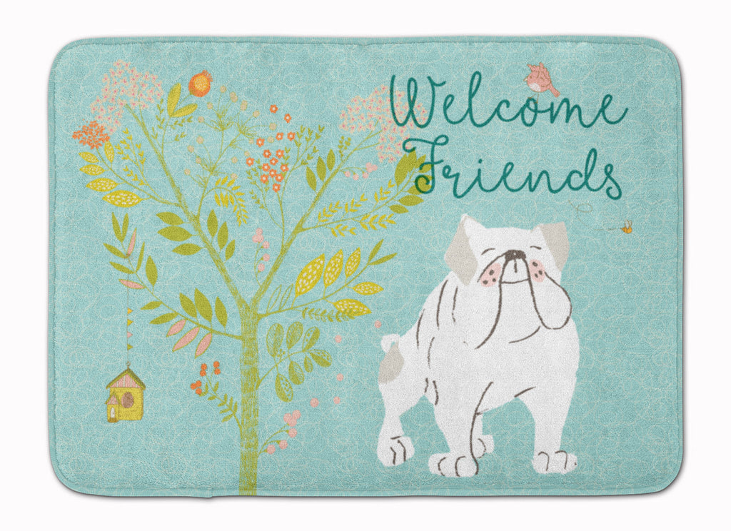 Welcome Friends English Bulldog White Memory Foam Kitchen Mat Machine Washable Anti-Fatigue Cushion Comfort Bath or Kitchen Rug