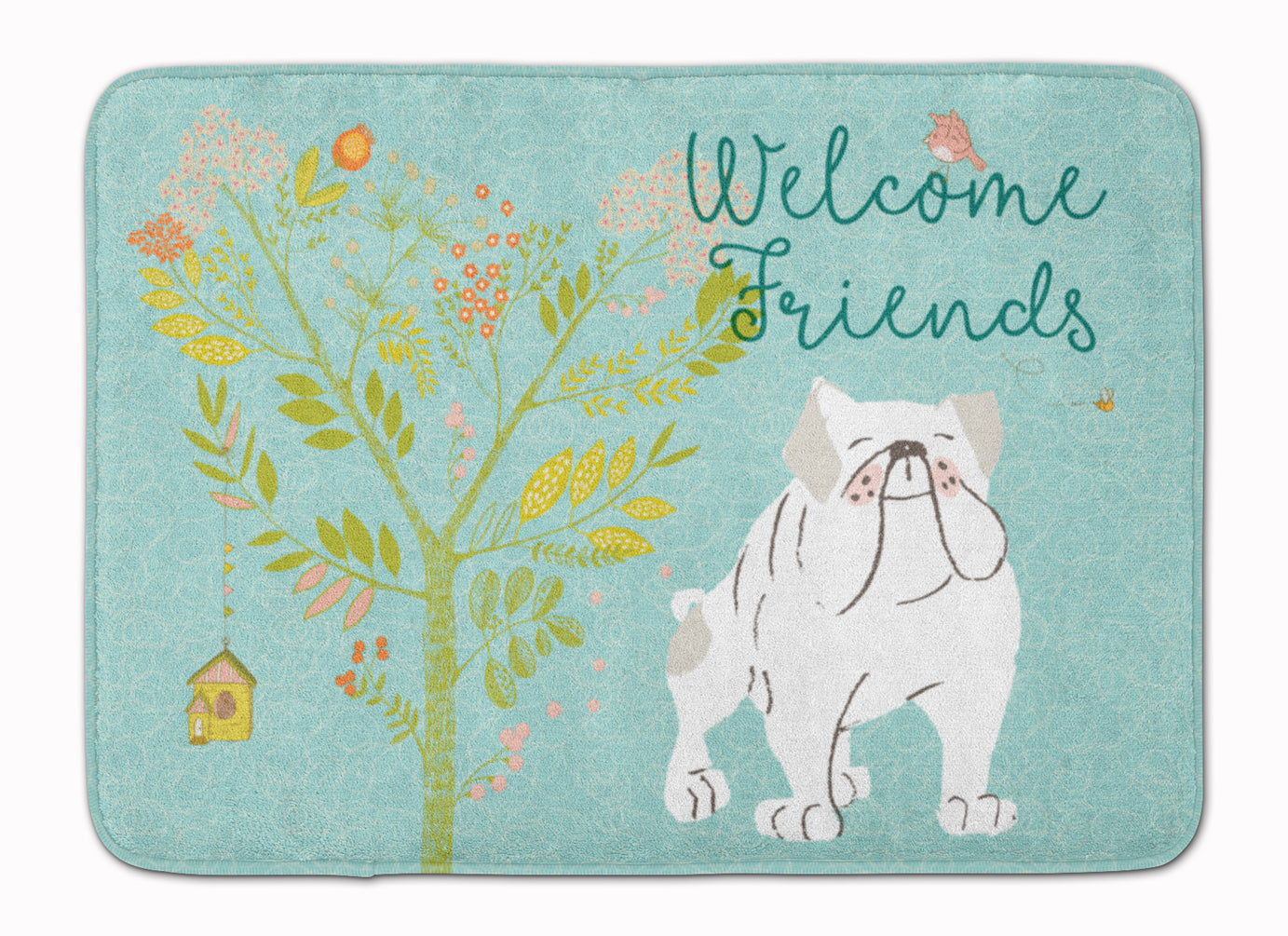 Welcome Friends English Bulldog White Memory Foam Kitchen Mat Machine Washable Anti-Fatigue Cushion Comfort Bath or Kitchen Rug