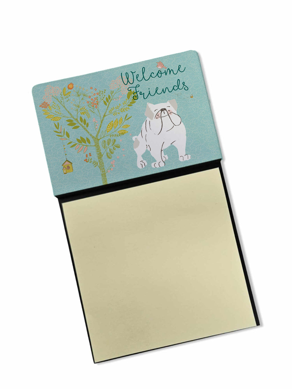 Welcome Friends English Bulldog White Watercolor Sticky Note Holder Refillable Dispenser Desk Accessory 3x3 Pad Gift