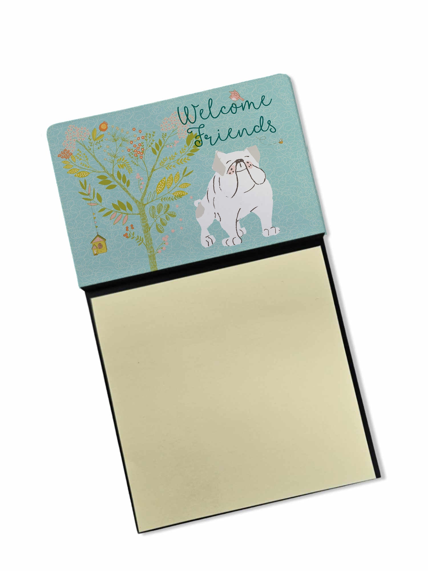 Welcome Friends English Bulldog White Watercolor Sticky Note Holder Refillable Dispenser Desk Accessory 3x3 Pad Gift