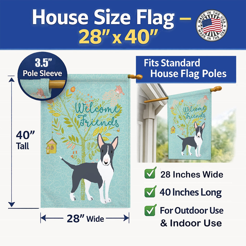 Welcome Friends Black Bull Terrier House Flag 28x40 Porch Sleeve Pole Decorative Outside Yard Banner Artwork Wall Hanging, Polyester