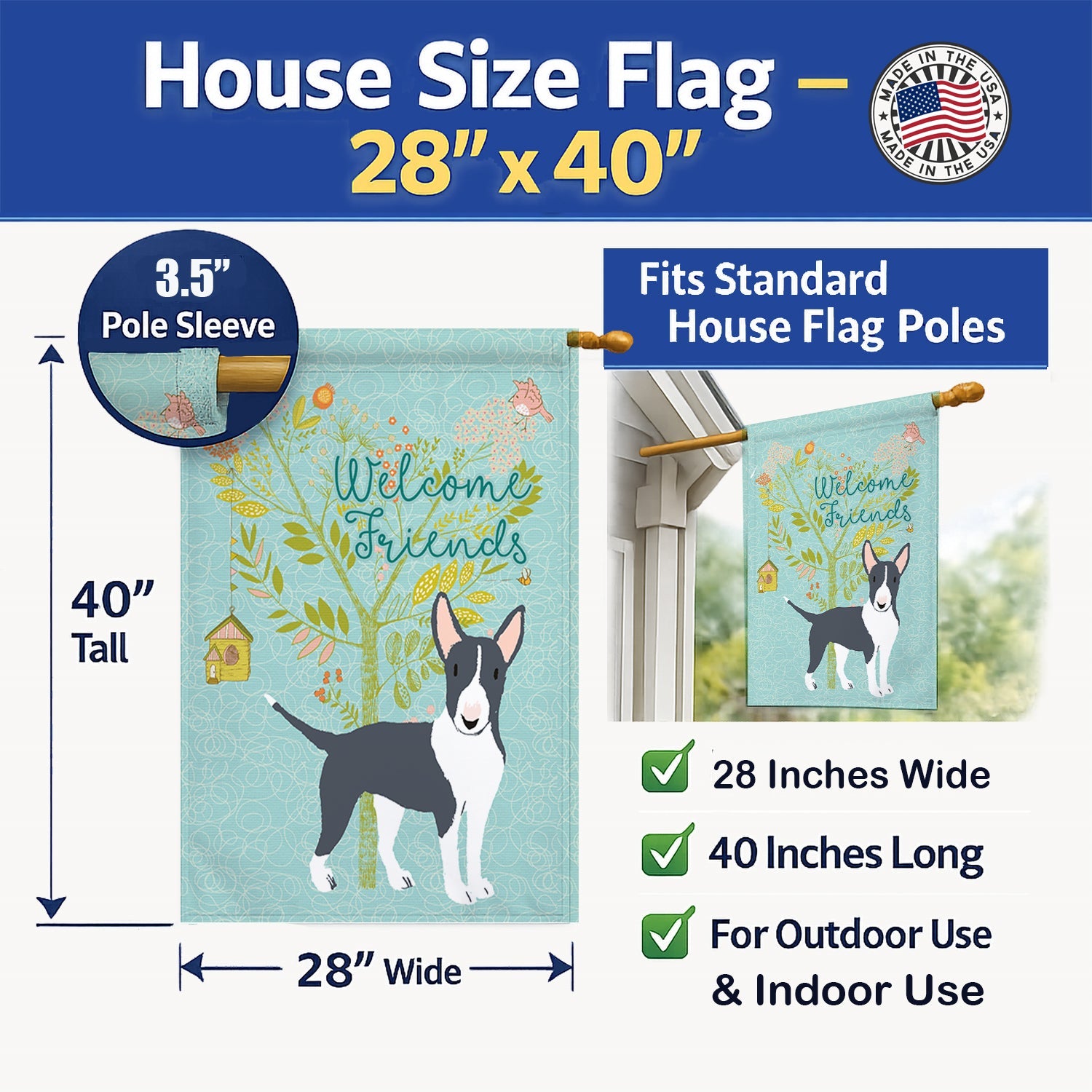 Welcome Friends Black Bull Terrier House Flag 28x40 Porch Sleeve Pole Decorative Outside Yard Banner Artwork Wall Hanging, Polyester