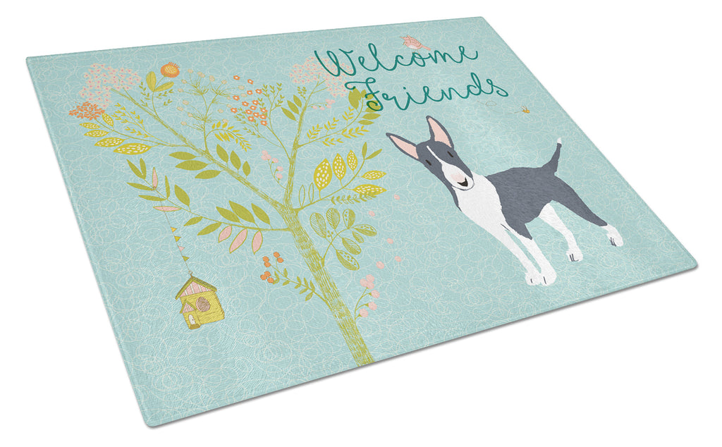 Welcome Friends Black Bull Terrier Cutting Board Tempered Glass Kitchen Cutting Surface, Heat Resistant Chopping, Non-Slip Feet, Food Prep & Serving