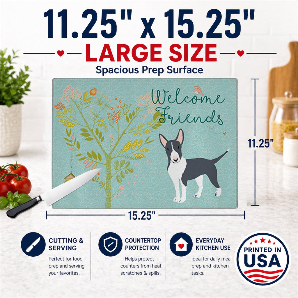 Welcome Friends Black Bull Terrier Cutting Board Tempered Glass Kitchen Cutting Surface, Heat Resistant Chopping, Non-Slip Feet, Food Prep & Serving