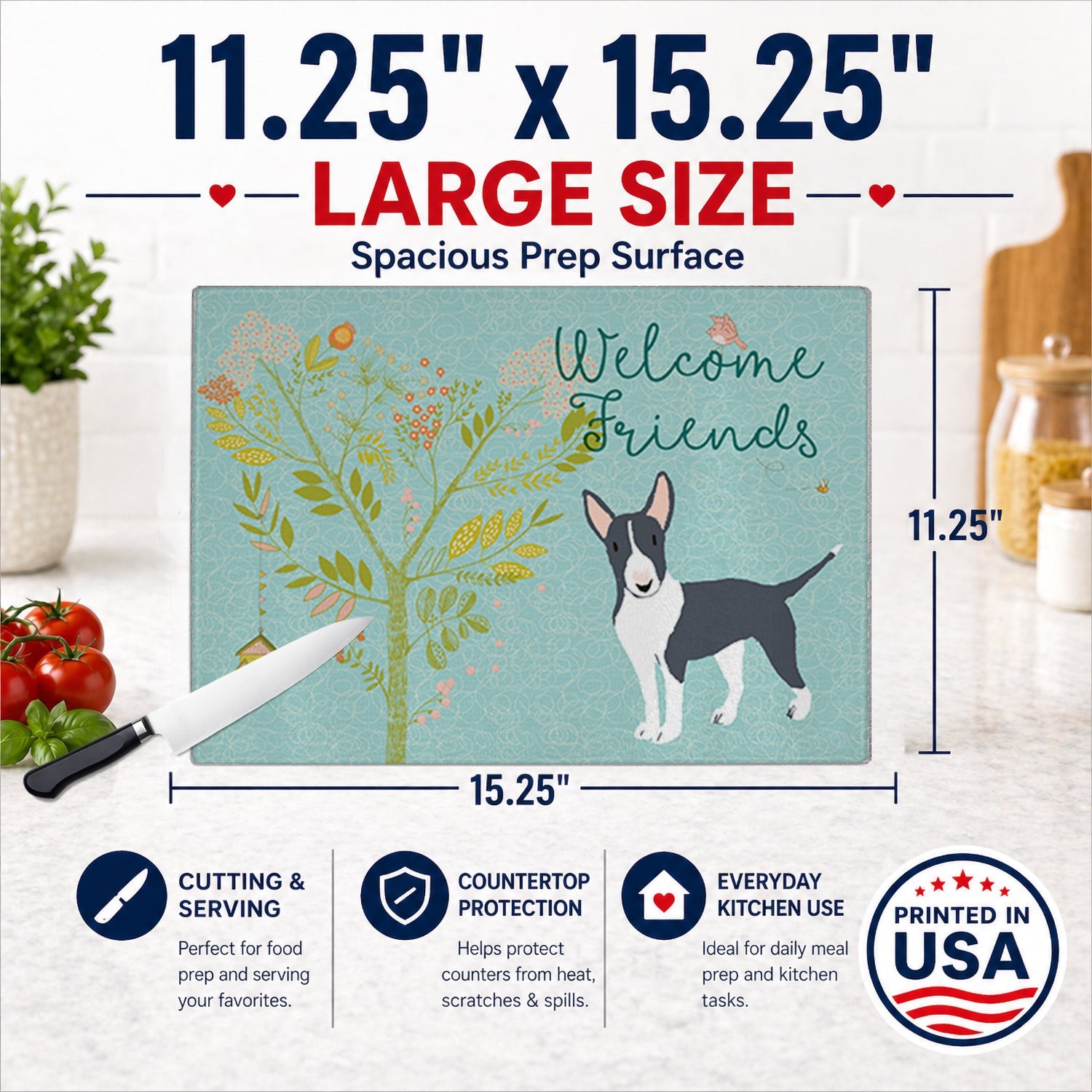 Welcome Friends Black Bull Terrier Cutting Board Tempered Glass Kitchen Cutting Surface, Heat Resistant Chopping, Non-Slip Feet, Food Prep & Serving