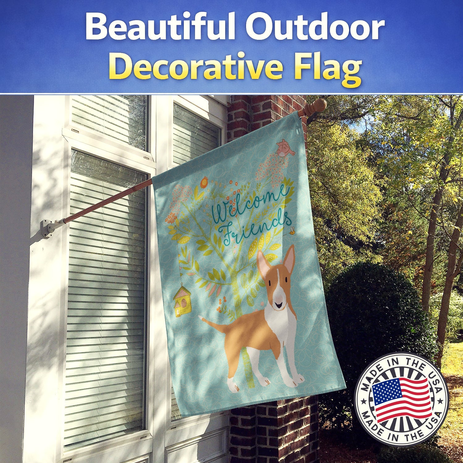 Welcome Friends Brown Bull Terrier House Flag 28x40 Porch Sleeve Pole Decorative Outside Yard Banner Artwork Wall Hanging, Polyester