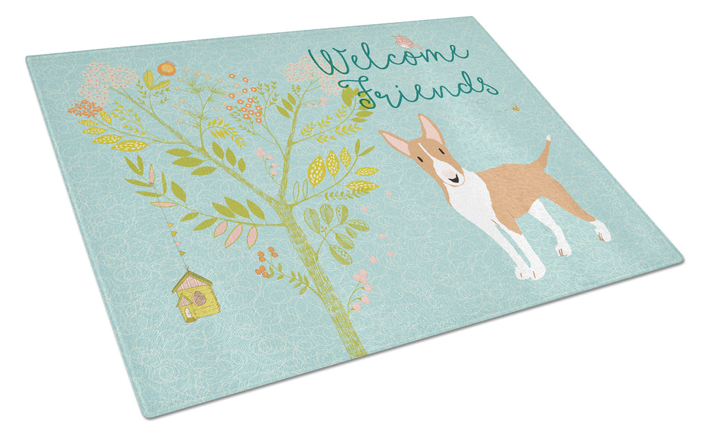 Welcome Friends Brown Bull Terrier Cutting Board Tempered Glass Kitchen Cutting Surface, Heat Resistant Chopping, Non-Slip Feet, Food Prep & Serving