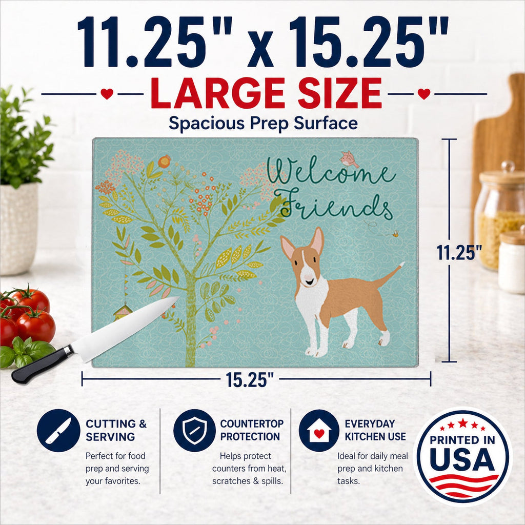 Welcome Friends Brown Bull Terrier Cutting Board Tempered Glass Kitchen Cutting Surface, Heat Resistant Chopping, Non-Slip Feet, Food Prep & Serving