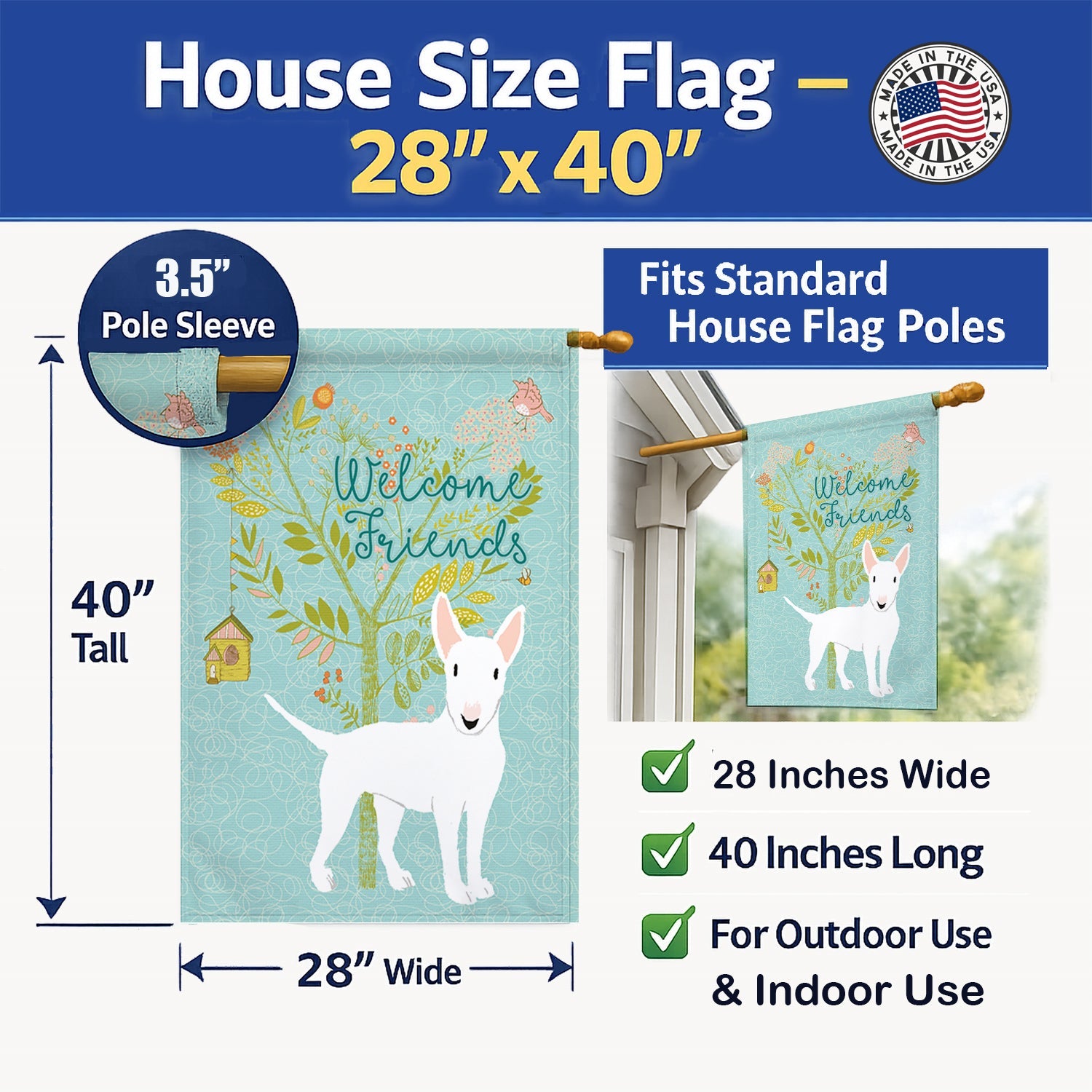 Welcome Friends White Bull Terrier House Flag 28x40 Porch Sleeve Pole Decorative Outside Yard Banner Artwork Wall Hanging, Polyester