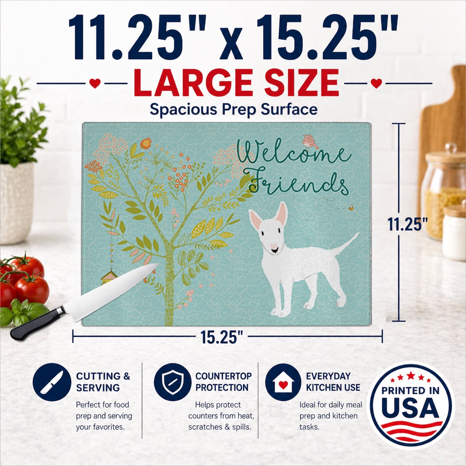 Welcome Friends White Bull Terrier Cutting Board Tempered Glass Kitchen Cutting Surface, Heat Resistant Chopping, Non-Slip Feet, Food Prep & Serving