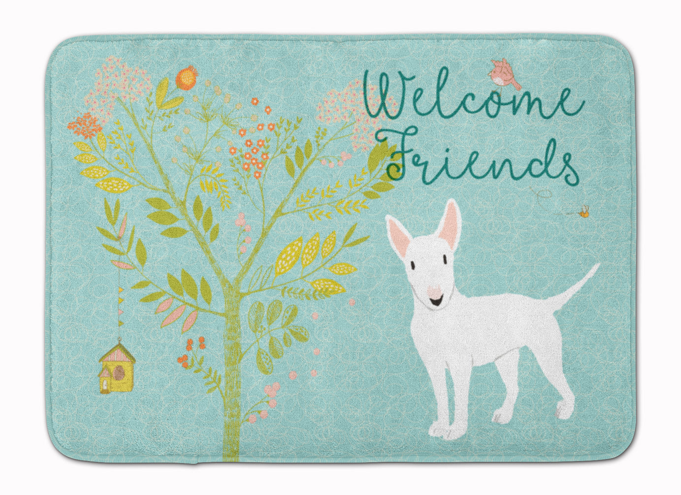 Welcome Friends White Bull Terrier Memory Foam Kitchen Mat Machine Washable Anti-Fatigue Cushion Comfort Bath or Kitchen Rug