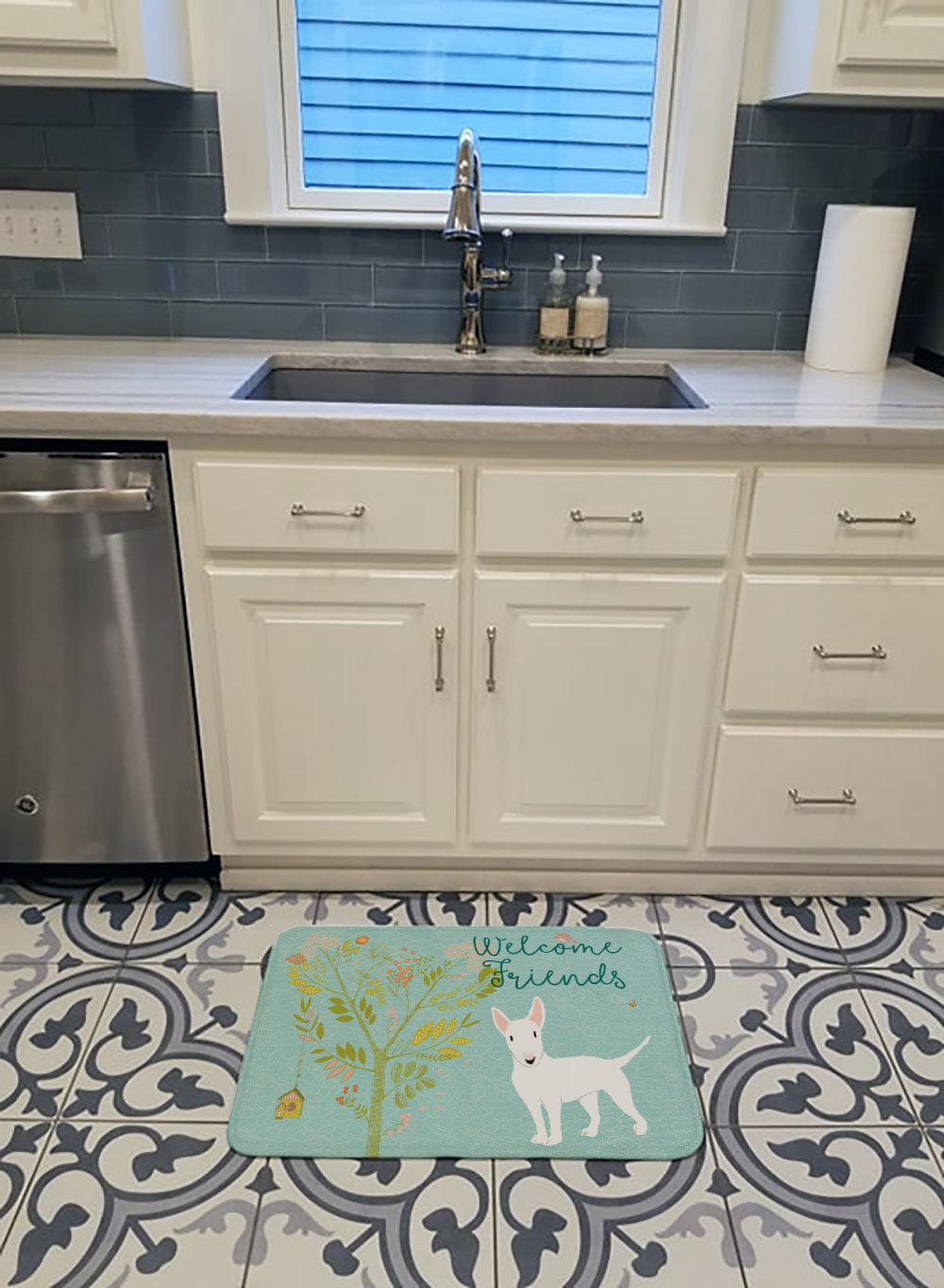 Welcome Friends White Bull Terrier Memory Foam Kitchen Mat Machine Washable Anti-Fatigue Cushion Comfort Bath or Kitchen Rug