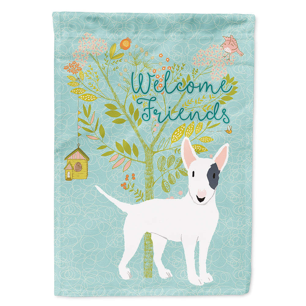 Welcome Friends White Patched Bull Terrier House Flag 28x40 Porch Sleeve Pole Decorative Outside Yard Banner Artwork Wall Hanging, Polyester