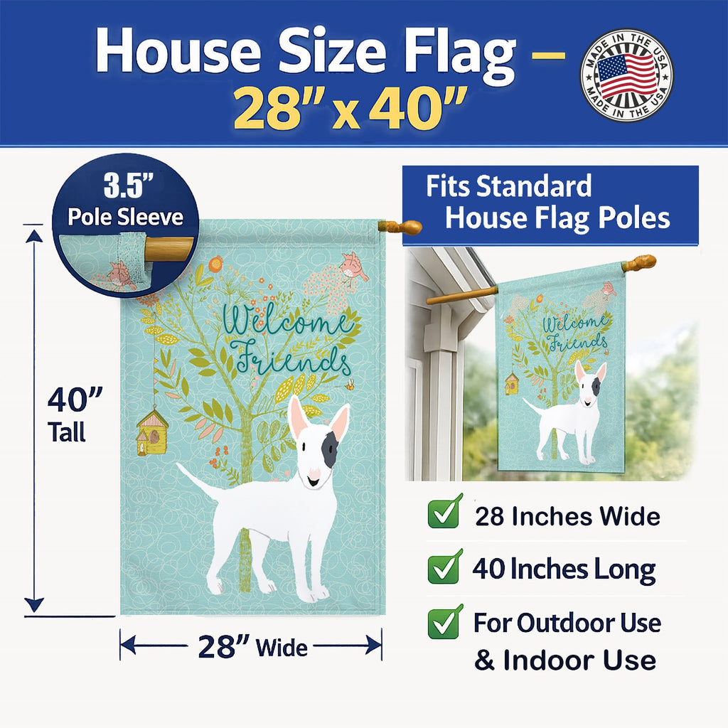Welcome Friends White Patched Bull Terrier House Flag 28x40 Porch Sleeve Pole Decorative Outside Yard Banner Artwork Wall Hanging, Polyester