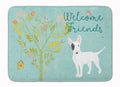 Welcome Friends White Patched Bull Terrier Memory Foam Kitchen Mat Machine Washable Anti-Fatigue Cushion Comfort Bath or Kitchen Rug