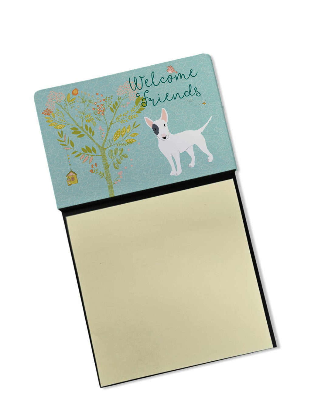 Welcome Friends White Patched Bull Terrier Watercolor Sticky Note Holder Refillable Dispenser Desk Accessory 3x3 Pad Gift