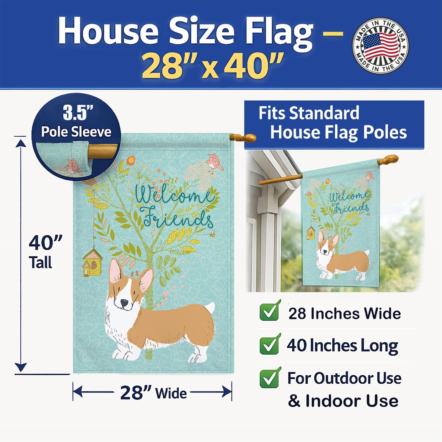 Welcome Friends Pembroke Welsh Corgi Red House Flag 28x40 Porch Sleeve Pole Decorative Outside Yard Banner Artwork Wall Hanging, Polyester