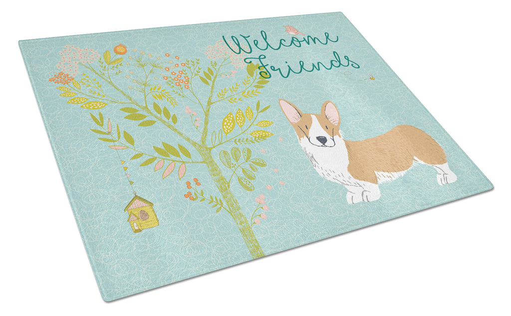 Welcome Friends Pembroke Welsh Corgi Red Cutting Board Tempered Glass Kitchen Cutting Surface, Heat Resistant Chopping, Non-Slip Feet, Food Prep & Serving