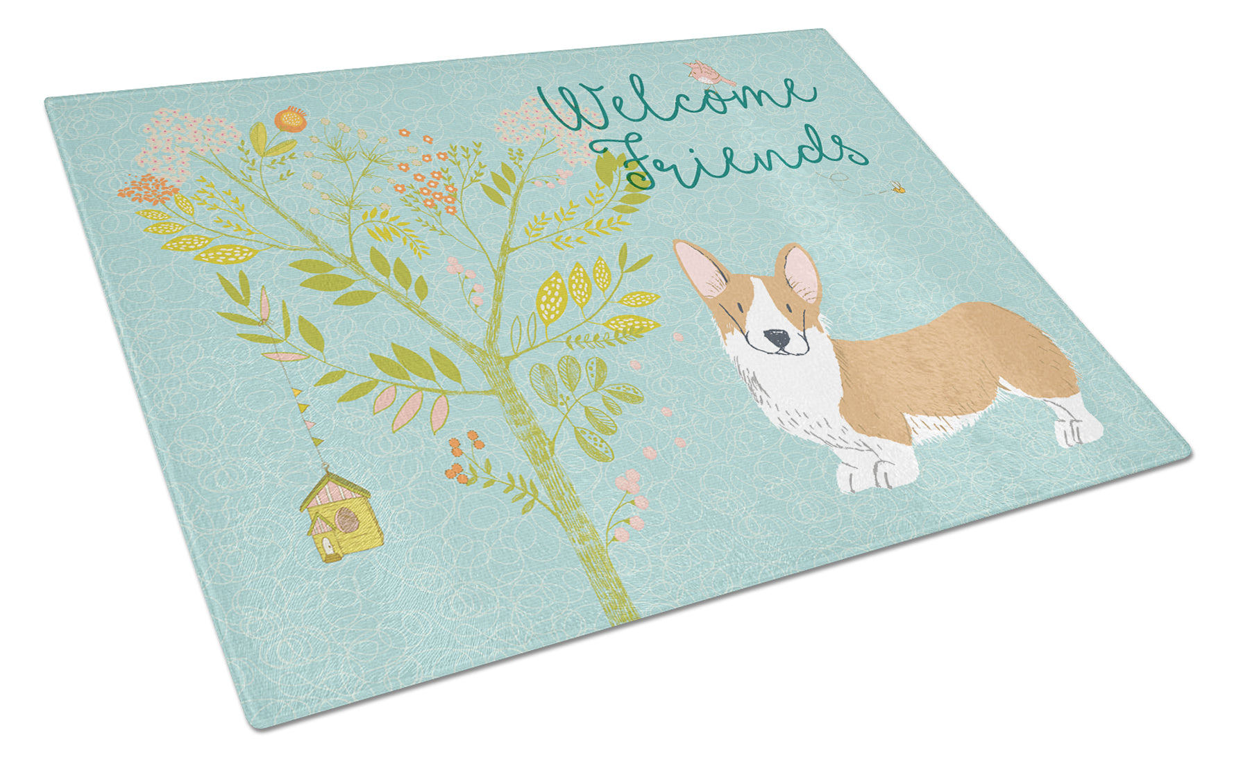 Welcome Friends Pembroke Welsh Corgi Red Cutting Board Tempered Glass Kitchen Cutting Surface, Heat Resistant Chopping, Non-Slip Feet, Food Prep & Serving