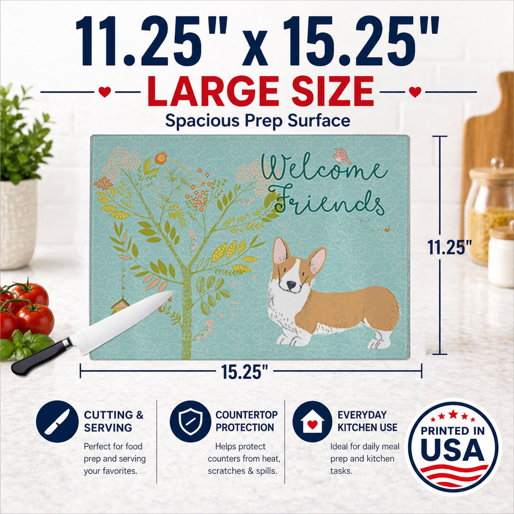 Welcome Friends Pembroke Welsh Corgi Red Cutting Board Tempered Glass Kitchen Cutting Surface, Heat Resistant Chopping, Non-Slip Feet, Food Prep & Serving