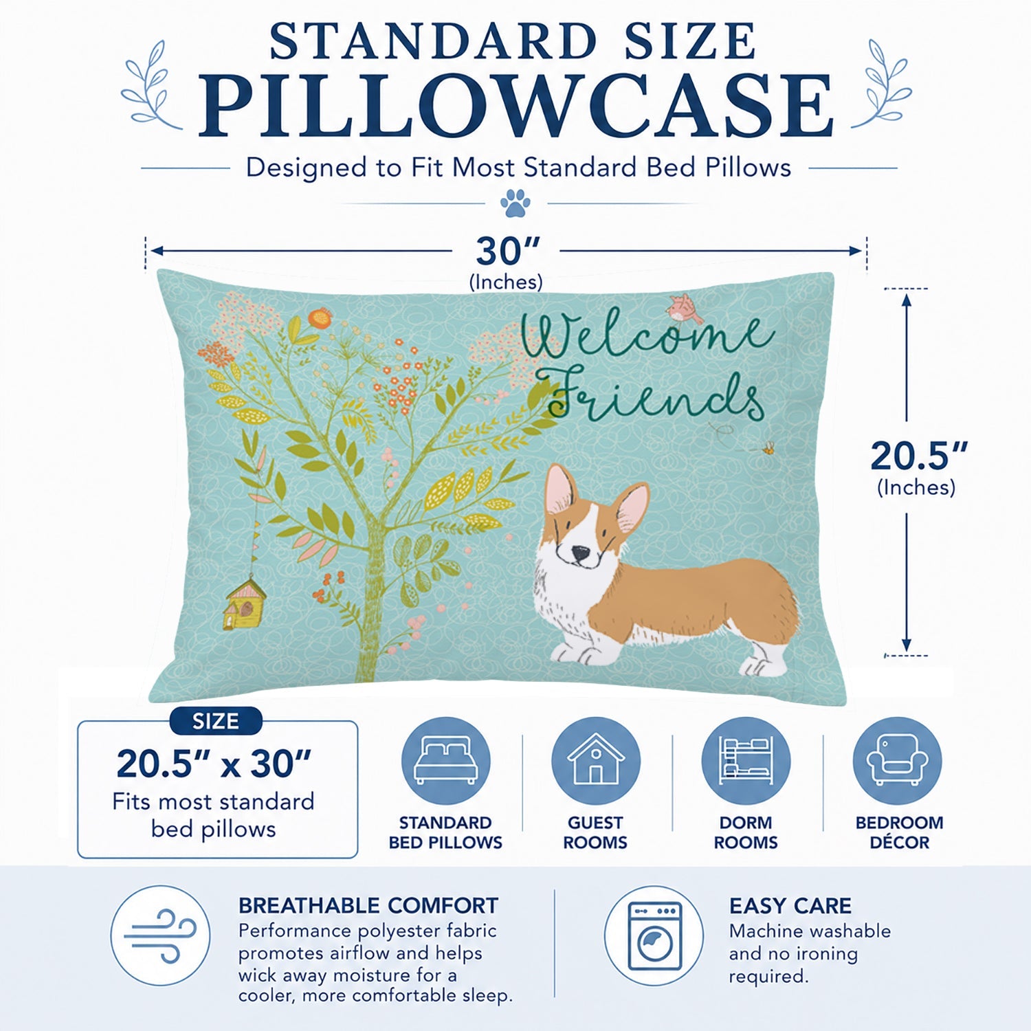 Welcome Friends Pembroke Welsh Corgi Red Standard Pillowcase Lightweight Super Soft Easy Care Decorative Artwork Pillowcase, Standard